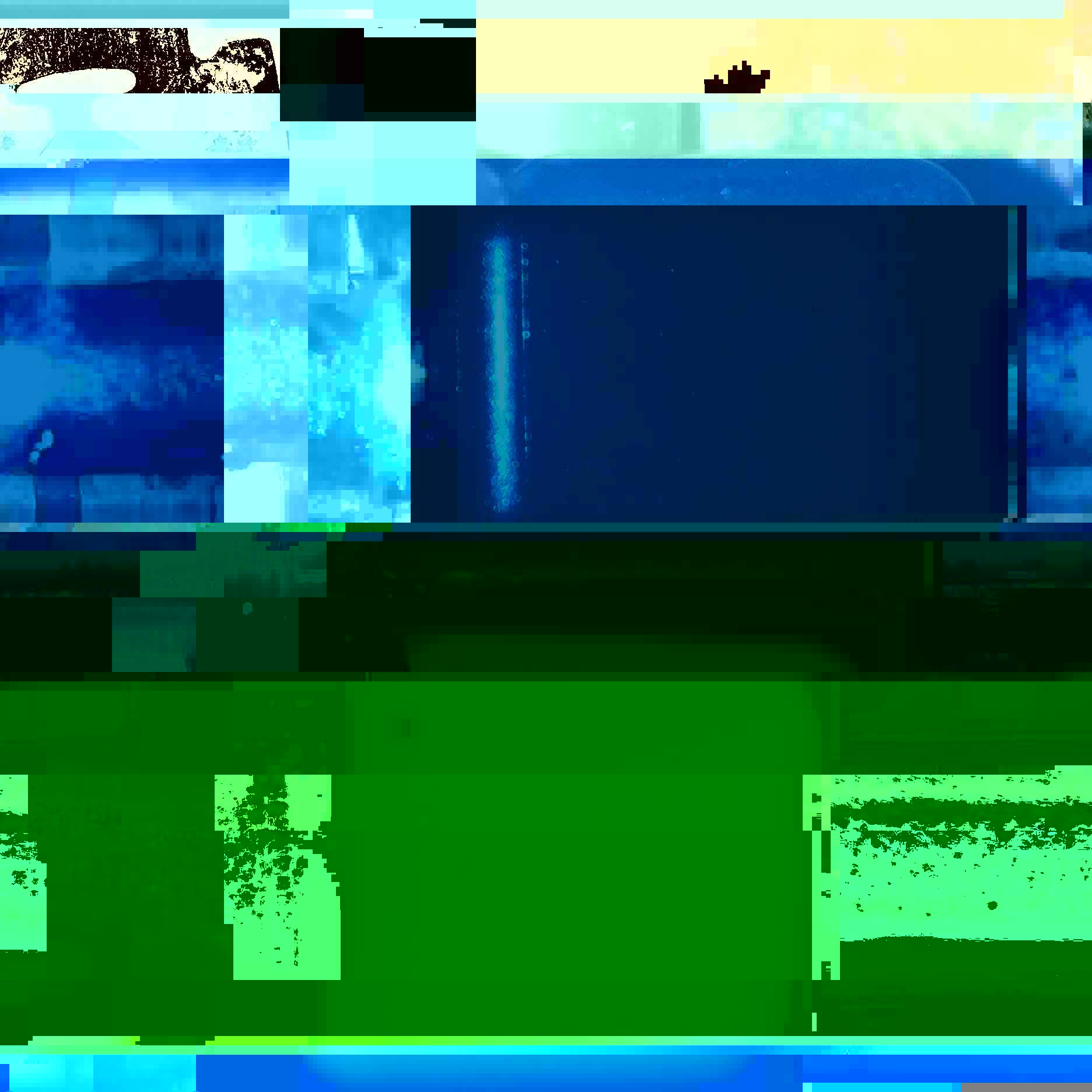 mostly blues and greens. yellow at the top: black pixels fight through. hints of detail  throughough but no answers. deep blues on the second horizontal band; greens next. extreme contrast in the greens. nothing looks like anything.